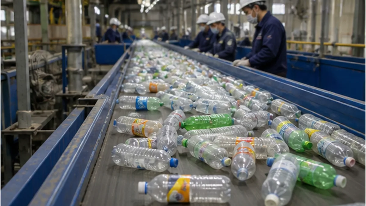 リサイクル工場でベルトコンベアを流れる使用済みペットボトルの選別ライン