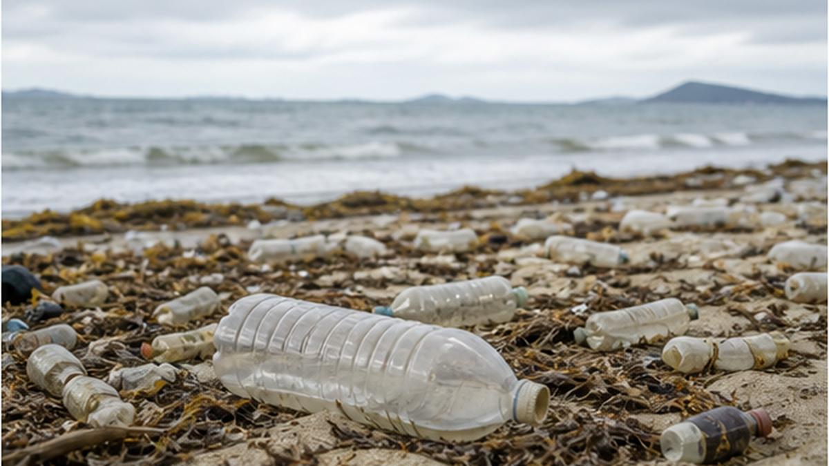 砂浜に打ち上げられたペットボトルなどの漂着プラスチックごみ