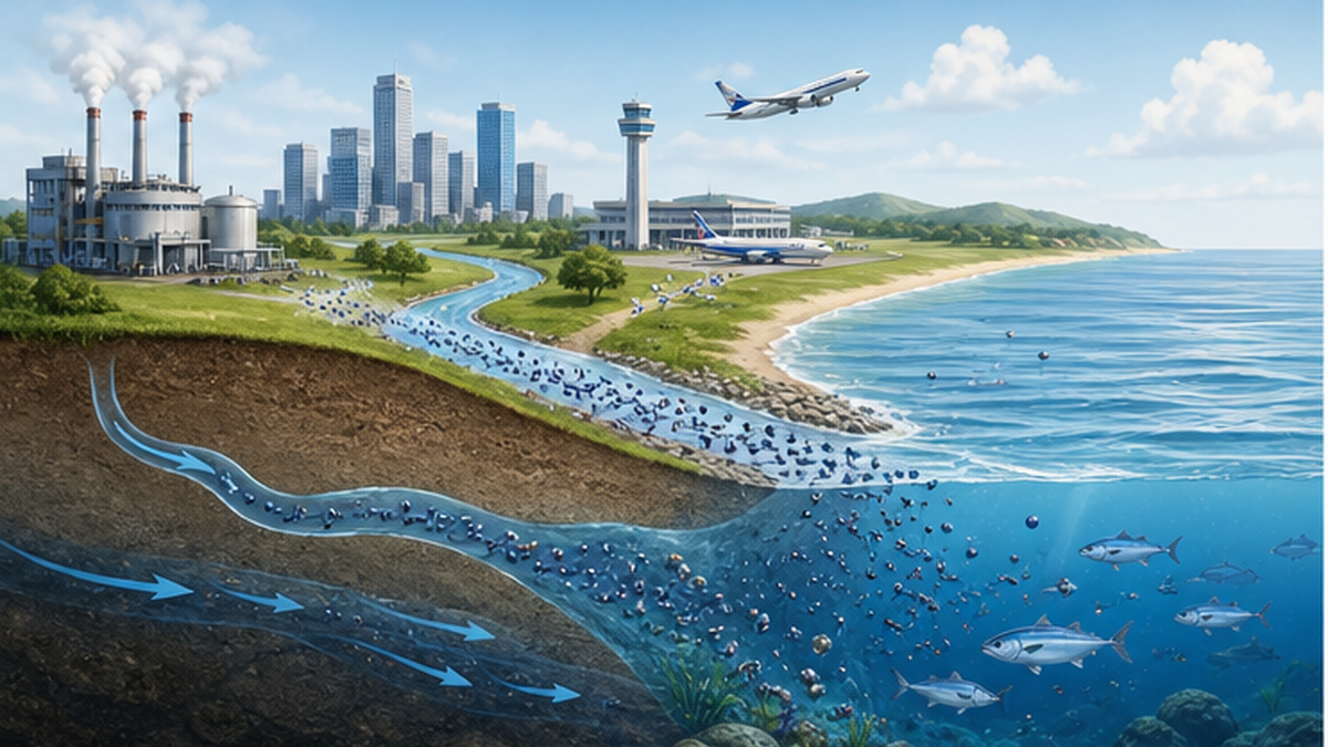 工場・都市・空港から川を経て海へPFASが運ばれる汚染経路の図解
