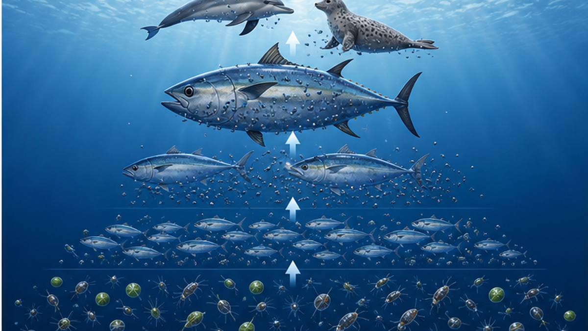 プランクトンから小魚、大型魚、海洋哺乳類へと食物連鎖を上るほどPFAS濃度が高まる生物濃縮の図解