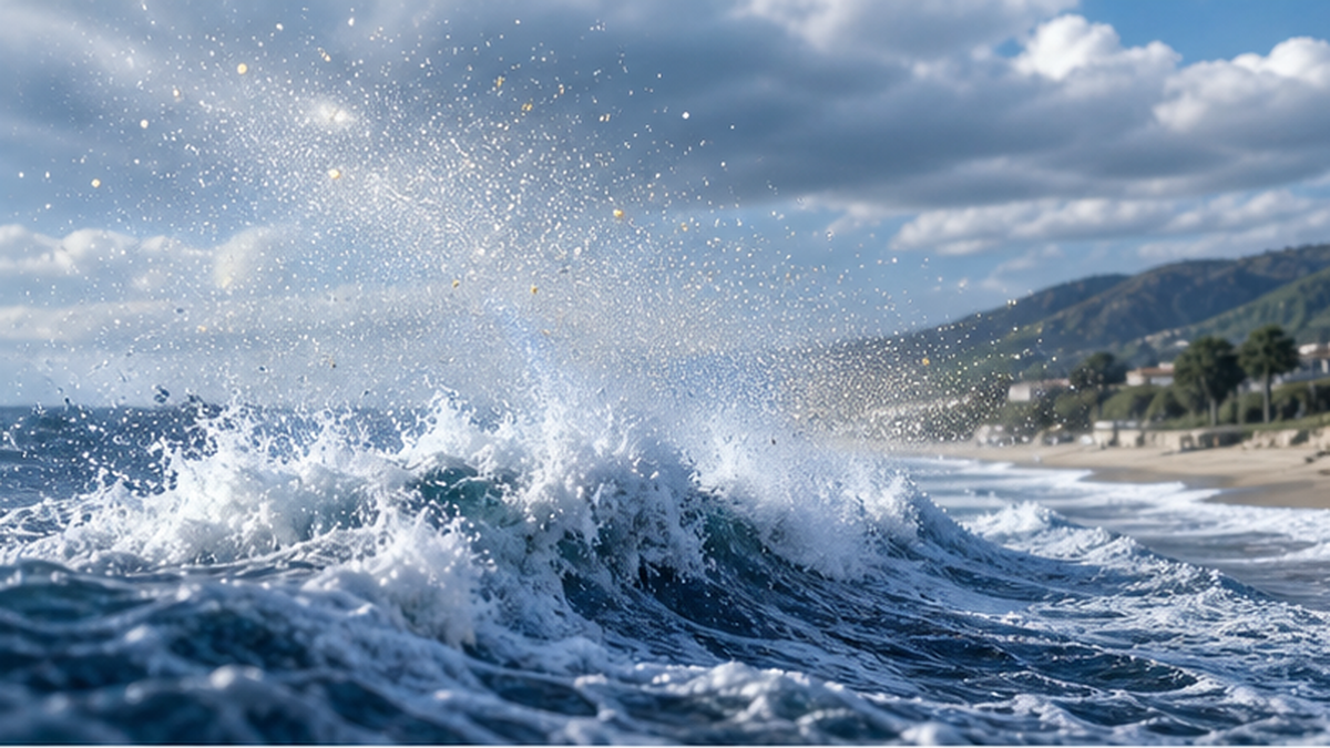 砕ける波から霧状のしぶきが立ち上り、大気中に微粒子が広がっていく様子を描いたイラスト