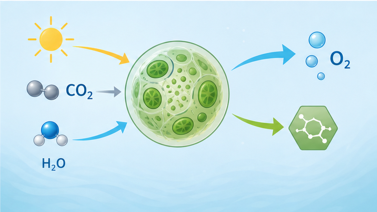 植物プランクトンが光と二酸化炭素と水から酸素と有機物をつくる光合成の流れを示した図解