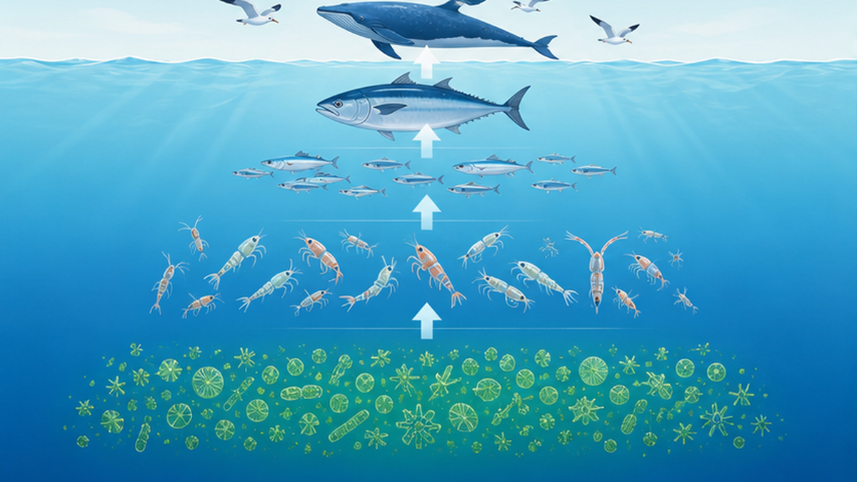 植物プランクトンから動物プランクトン、小魚、大型魚、海鳥やクジラへと続く海の食物連鎖のピラミッド図解
