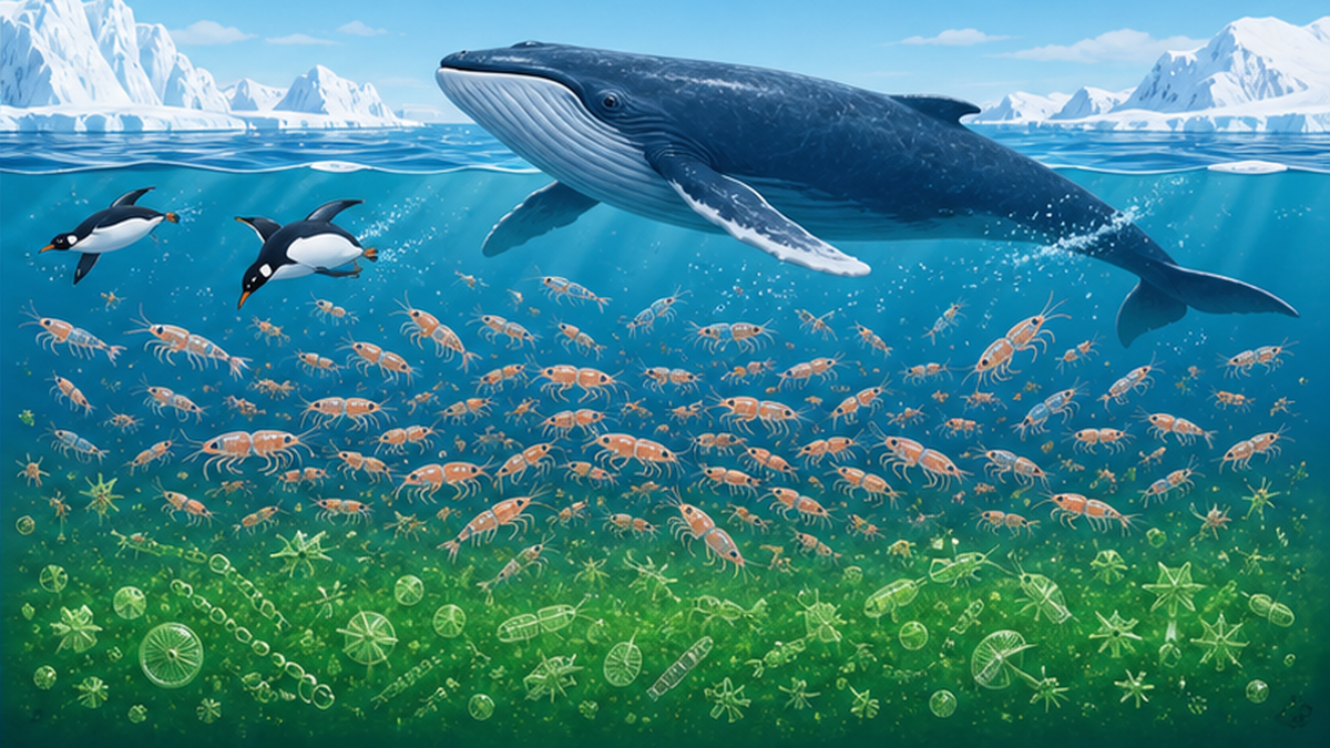 南極海で珪藻を食べるオキアミの群れと、それを追うクジラやペンギンを描いた図解