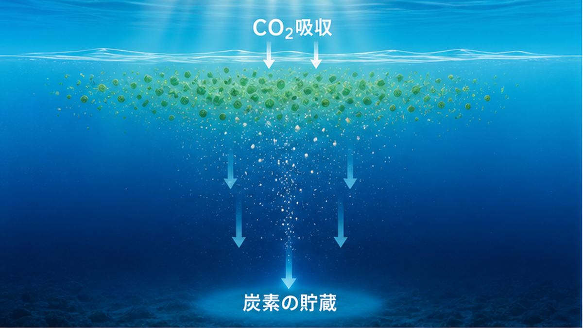 海面の植物プランクトンから深海へ有機物の粒子がマリンスノーとして沈んでいく生物ポンプの断面図