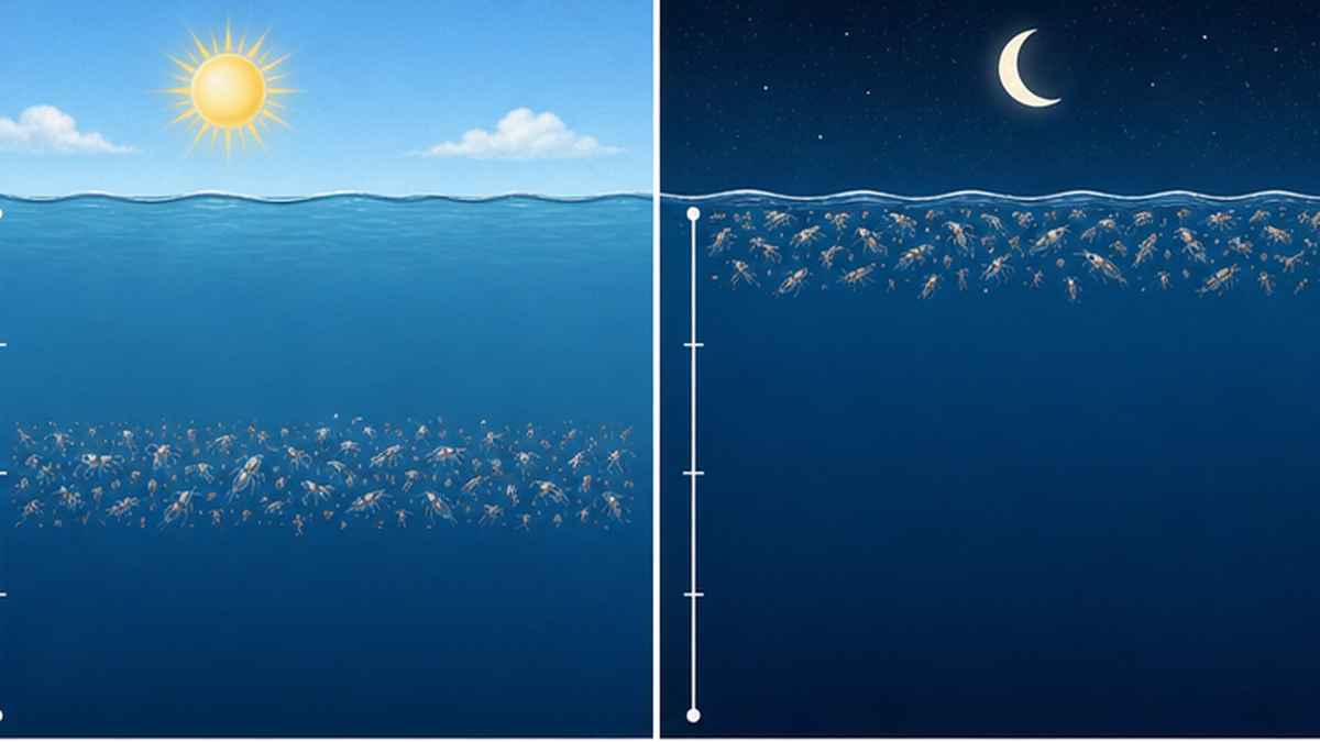 Diagram showing how the distribution shifts to deep water by day and to the surface at night