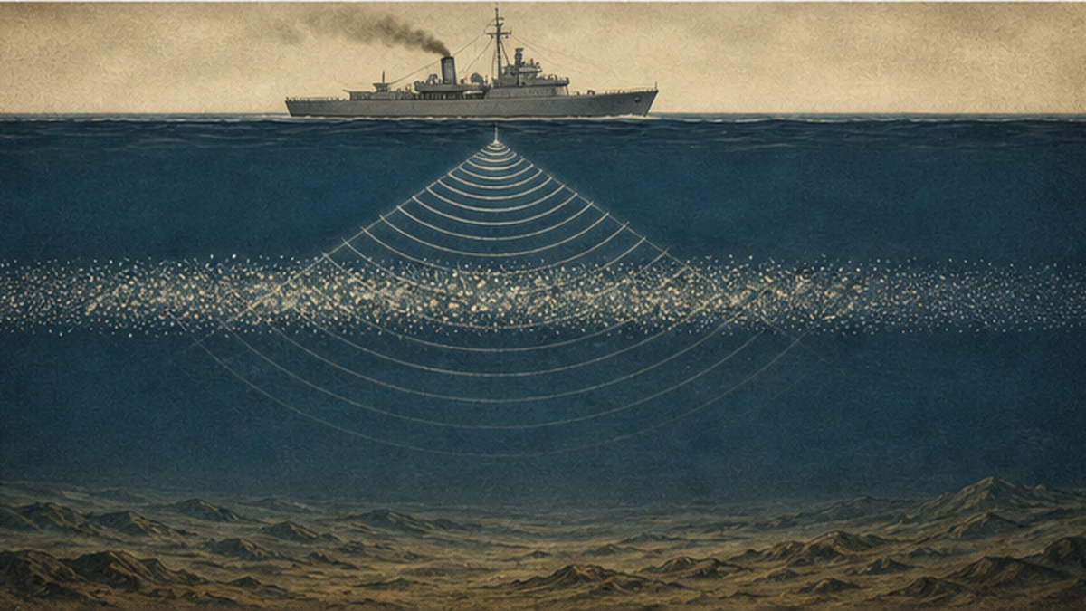 Historical illustration of a warship's sonar detecting the deep scattering layer as if it were the seafloor