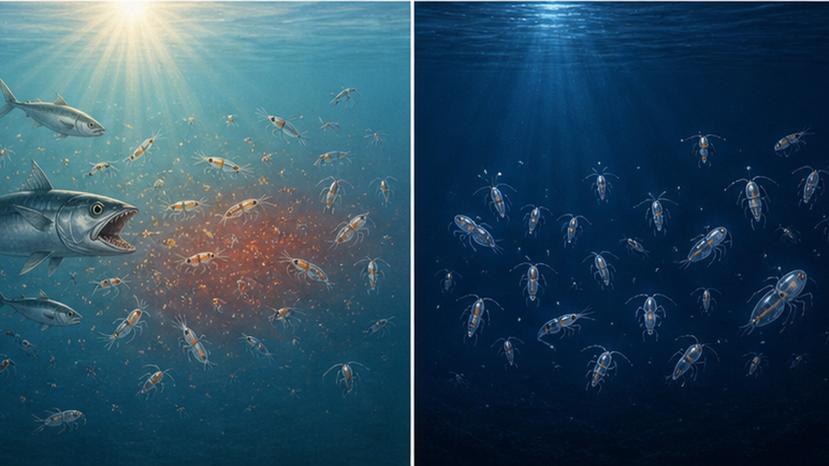 Diagram contrasting the risk of predation in the bright surface layer with the safety of hiding in the dark deep