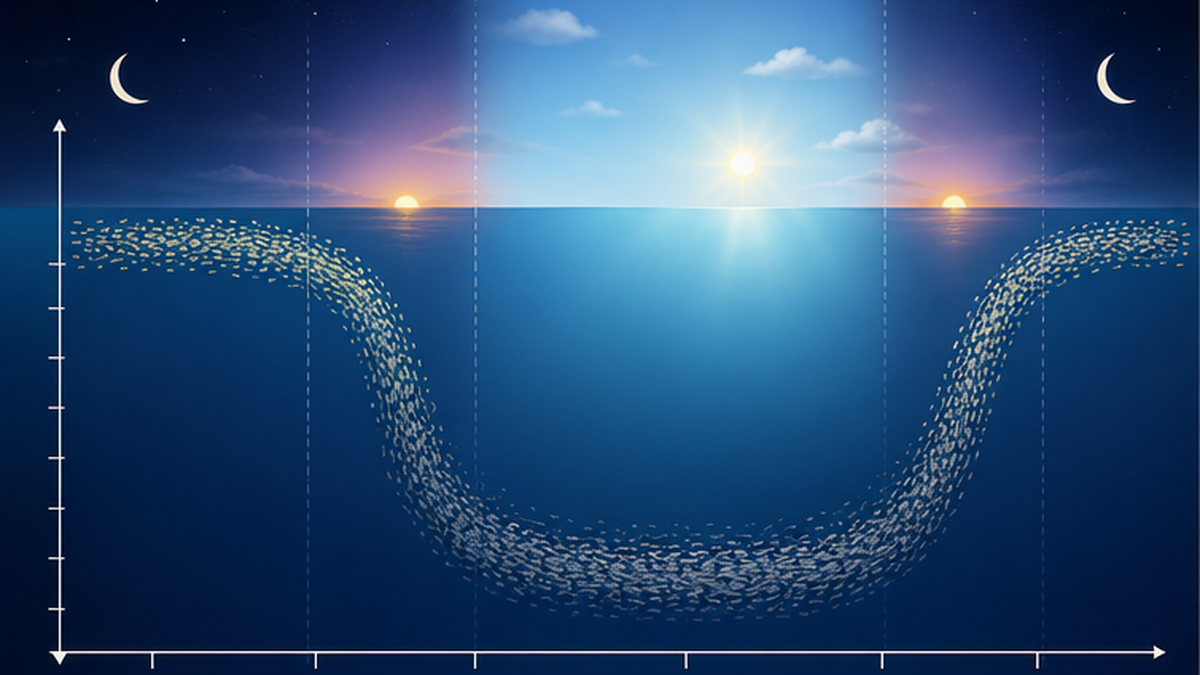 Graph-style figure showing the daily change in scattering layer depth, descending before sunrise and rising after sunset