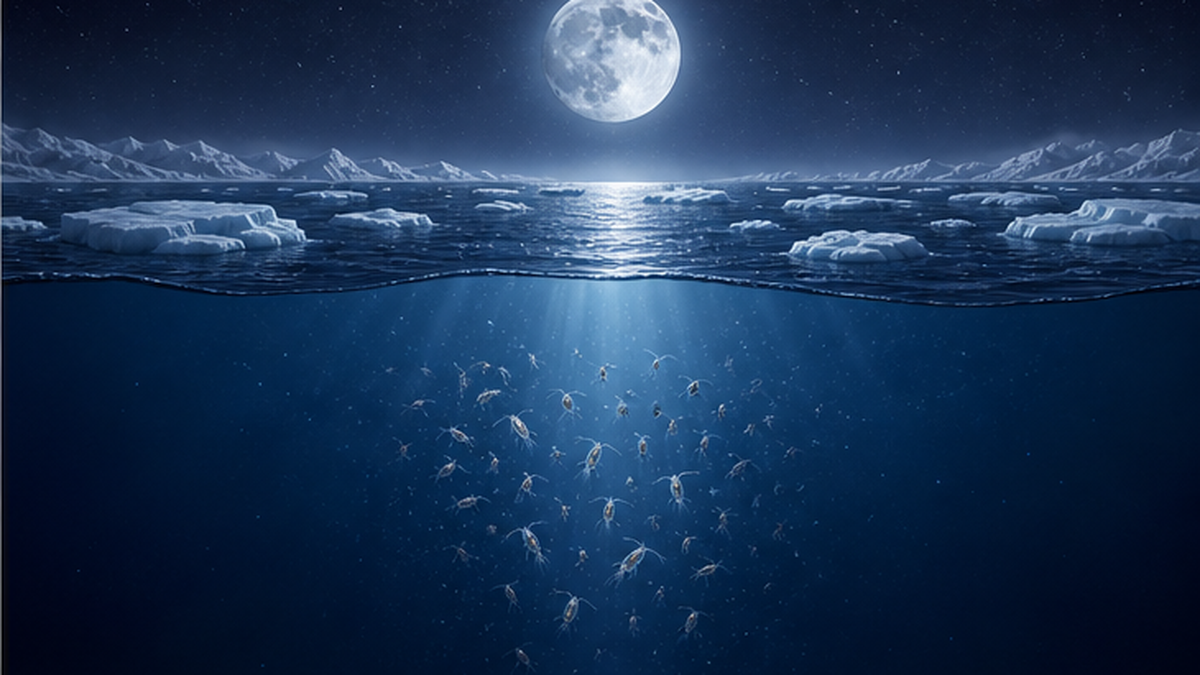 Illustration of polar-night zooplankton sinking away from the light of the full moon