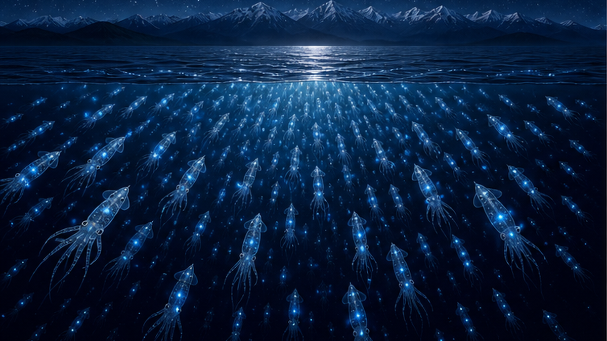 A shoal of firefly squid rising at night in Toyama Bay, glowing blue-white