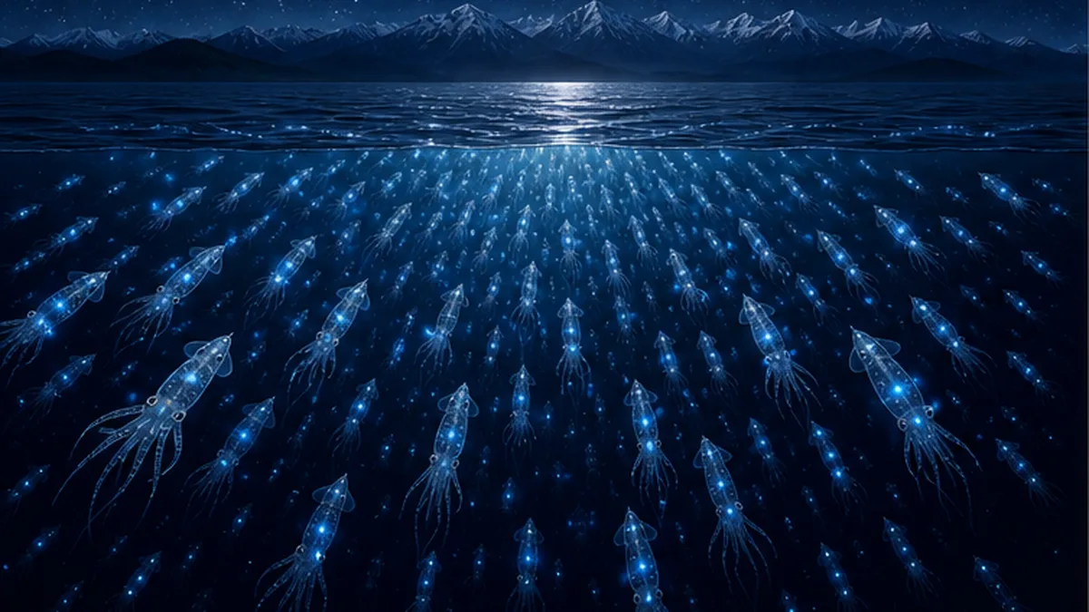 夜の富山湾で青白く光りながら浮上するホタルイカの群れ