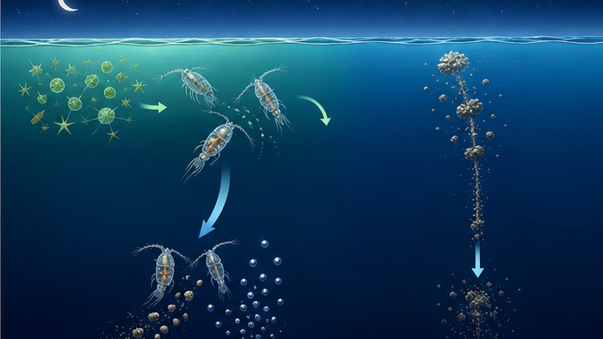 Diagram of active transport: feeding at the surface at night and releasing carbon as faeces and respiration at depth by day