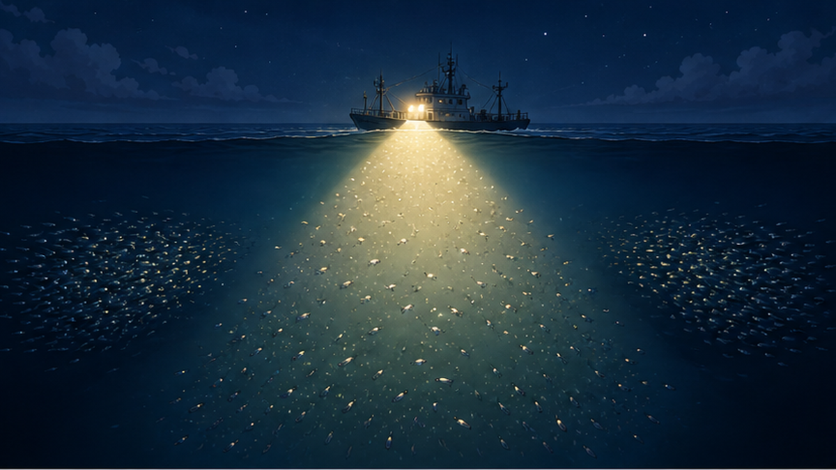 A ship's working lights illuminating the night sea and scattering the animals below
