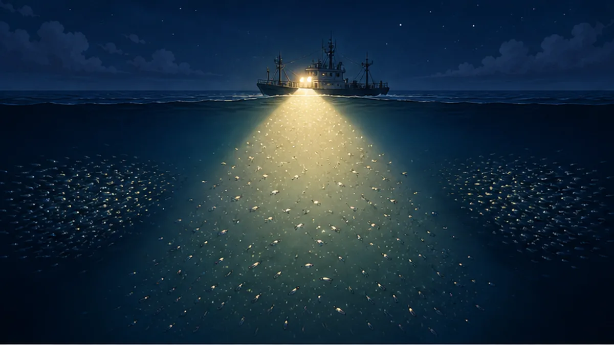 船の作業灯が夜の海中を照らし、生物の分布が乱れている様子のイメージ
