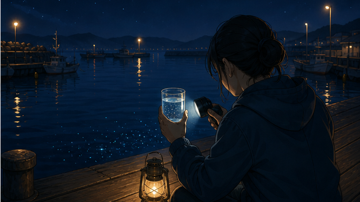 Someone at a harbour at night using a dim light to watch plankton at the water surface