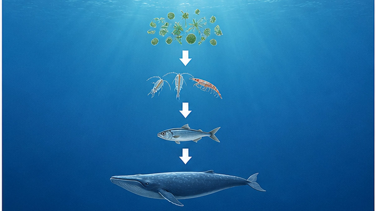植物プランクトンから動物プランクトン、小魚、大型捕食者へと続く4段階の海の食物連鎖を示す図解