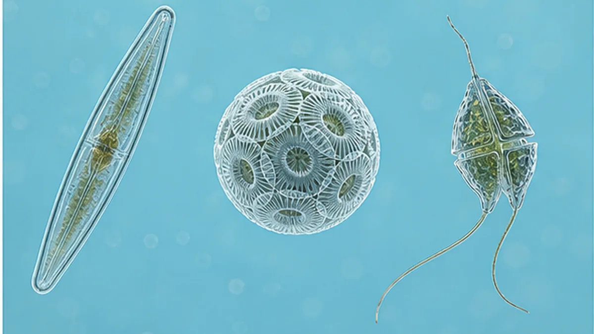 顕微鏡で見た珪藻・円石藻・渦鞭毛藻など多様な植物プランクトンの姿を描いたイラスト