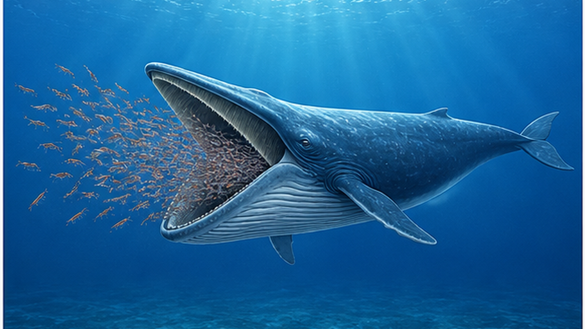 ろ過摂食するシロナガスクジラがオキアミの群れを飲み込む様子を描いたイラスト