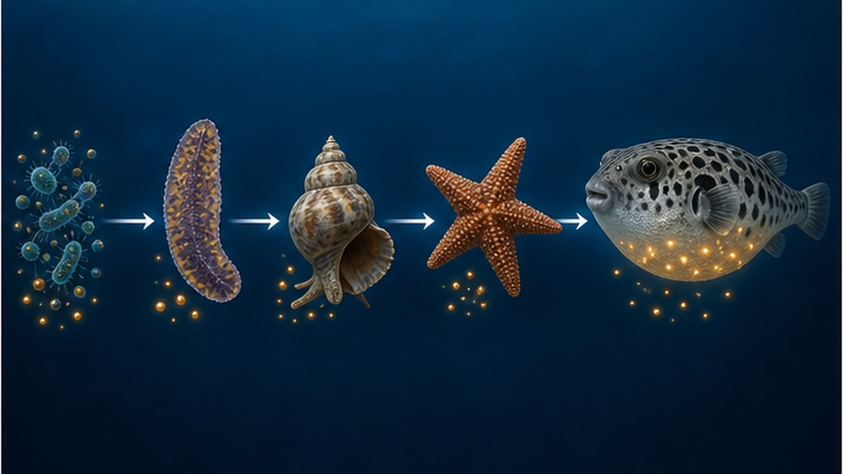 海洋細菌からヒラムシ・巻貝・ヒトデを経てフグへと毒が運ばれる食物連鎖の図