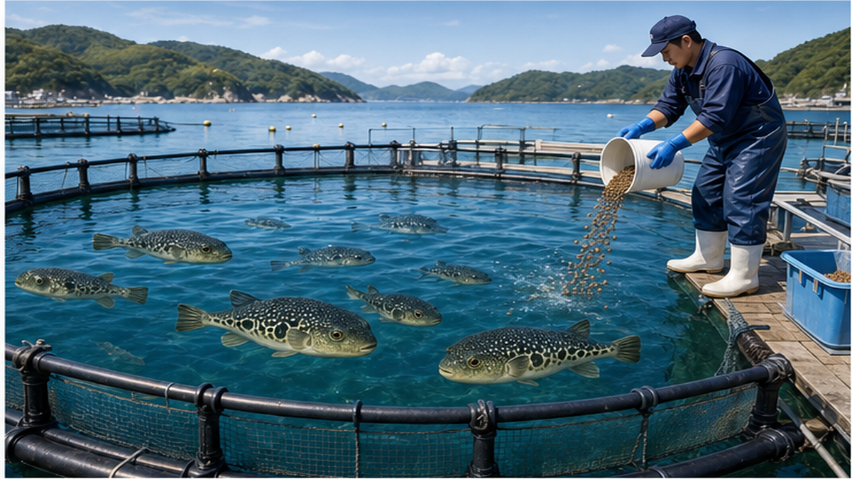 海面の生簀で養殖されるトラフグと配合飼料のイメージ