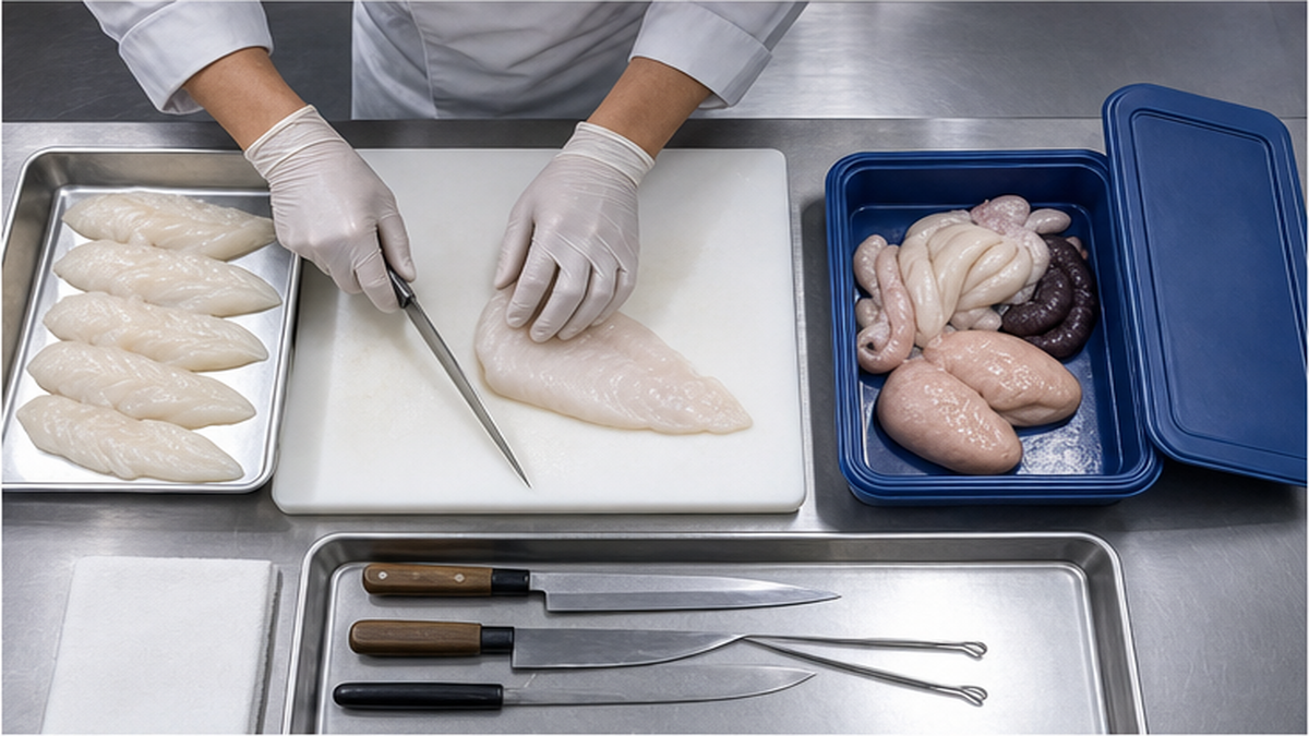 ふぐ処理の作業台で可食部位と有毒部位を分けている様子のイメージ