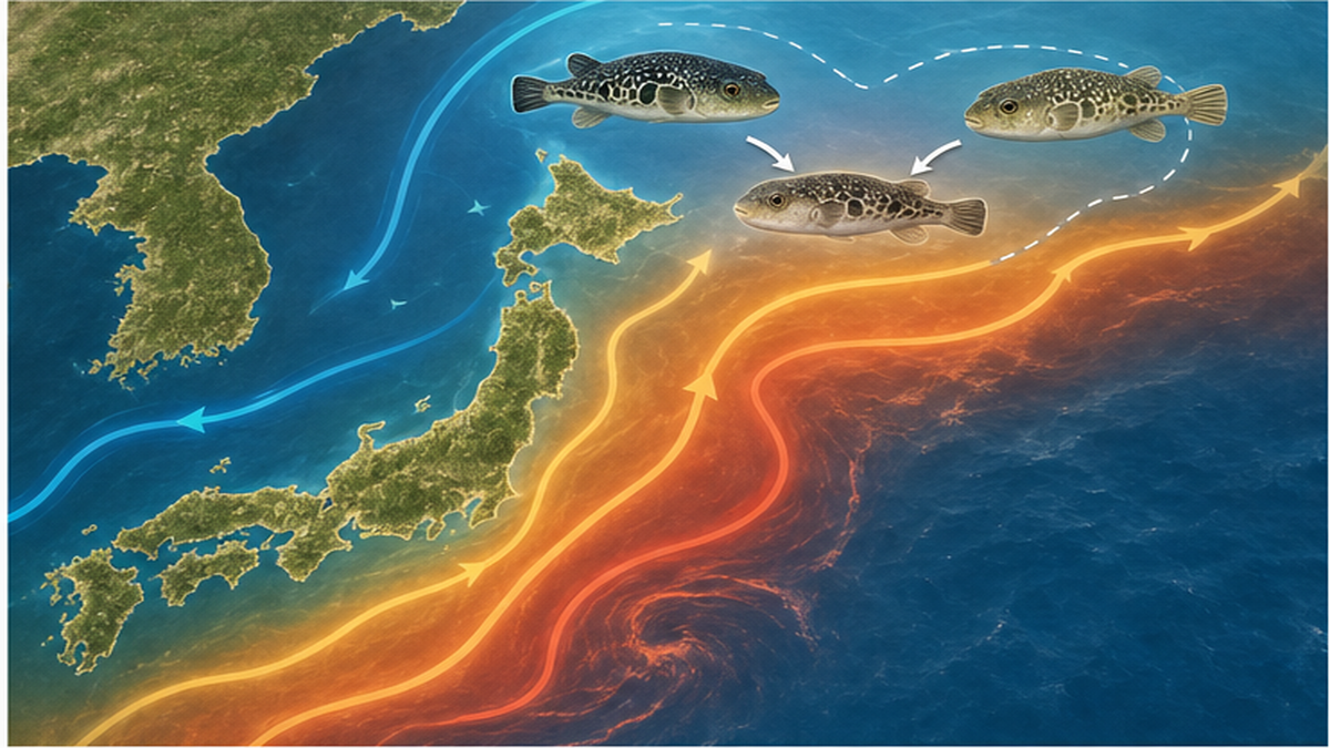 海水温上昇でフグの分布が北上し、異なる種が出会って交雑する様子を示す地図イメージ
