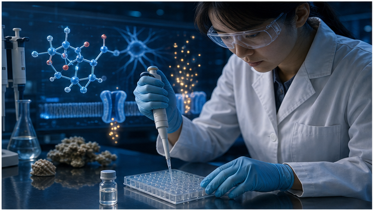 海洋由来の化合物が医薬品研究に用いられるイメージ