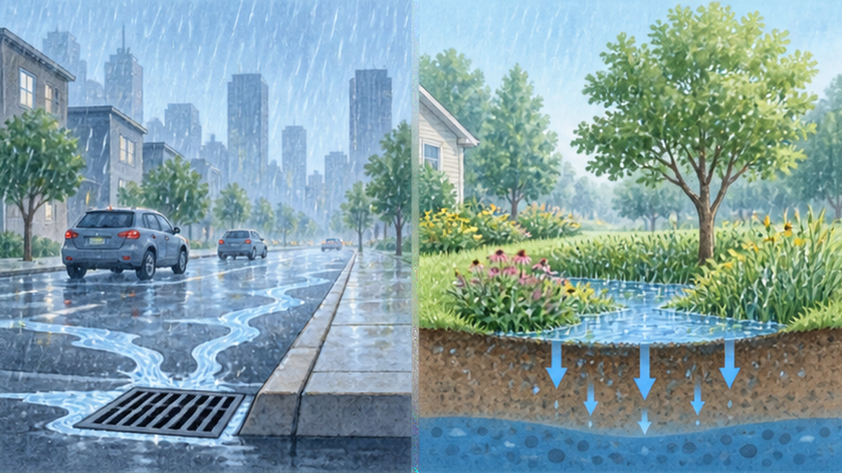 屋根と舗装面に降った雨が排水路へ集中し、緑地や浸透ますでは地中へしみこむ様子を比べた断面図