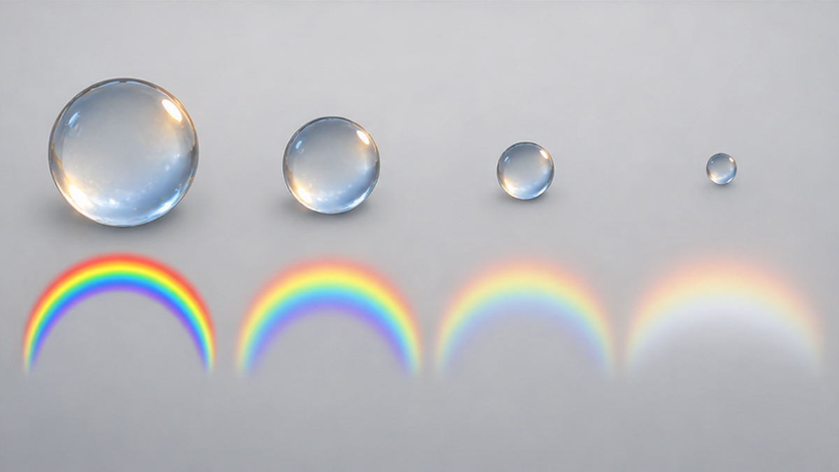 雨粒の直径による虹の色の鮮やかさと帯の幅の違いを比べた図解