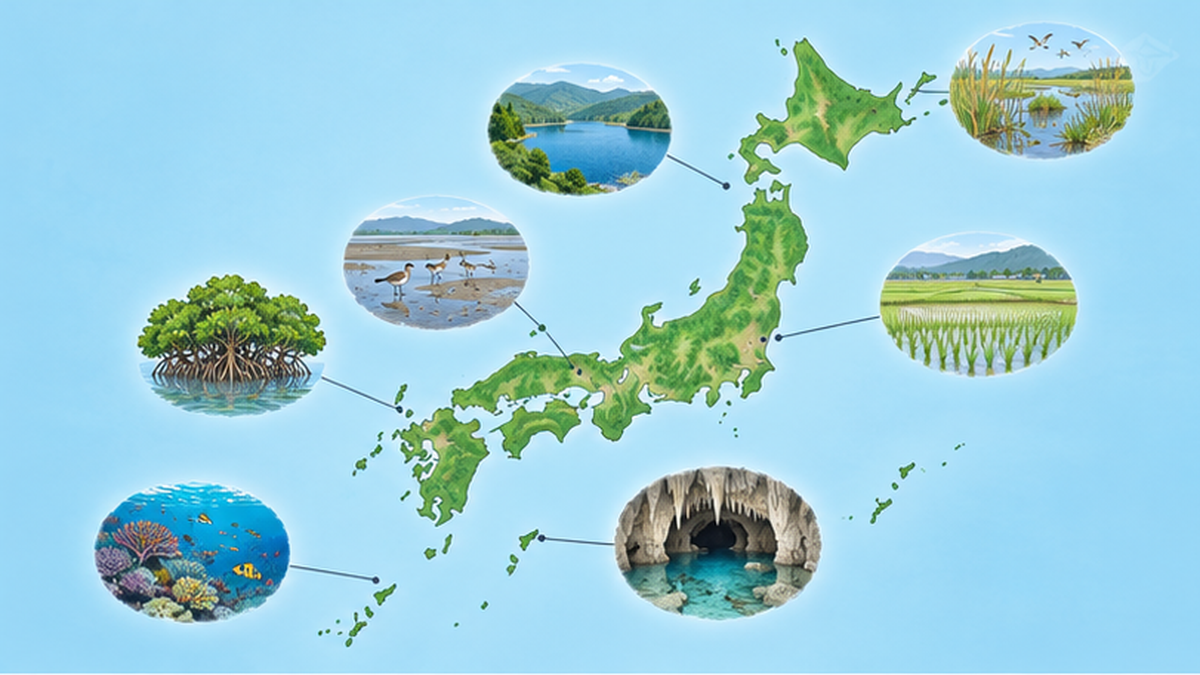 日本列島の地図に、湿原・湖沼・干潟・水田・サンゴ礁・地下水系など湿地のタイプ別のアイコンが北から南まで散りばめられた図解