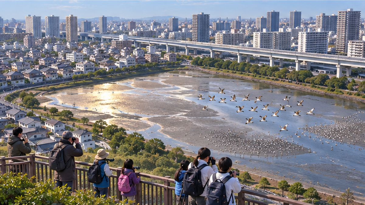 住宅地と高速道路に囲まれた四角い干潟を上空から見た図。干潟の上にシギ・チドリの群れが降り立ち、岸辺の木道で双眼鏡を持つ人たちが観察している