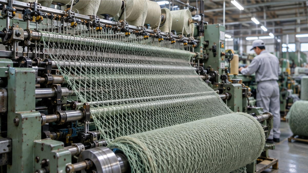日本の製網工場でナイロン糸を編み込み、漁網を製造する様子