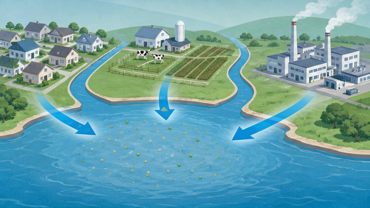 生活排水・農地・工場から窒素とリンが川を通って内湾に集まる流れを示した図解