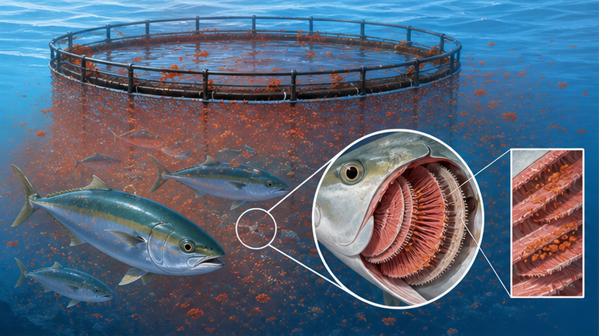 赤潮のプランクトンが魚のえらを詰まらせて窒息させる仕組みの拡大図解