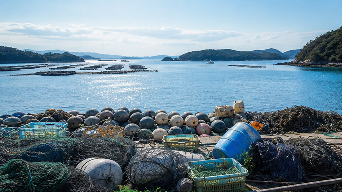 三重県鳥羽の海と、海辺に集められた回収プラスチックごみ