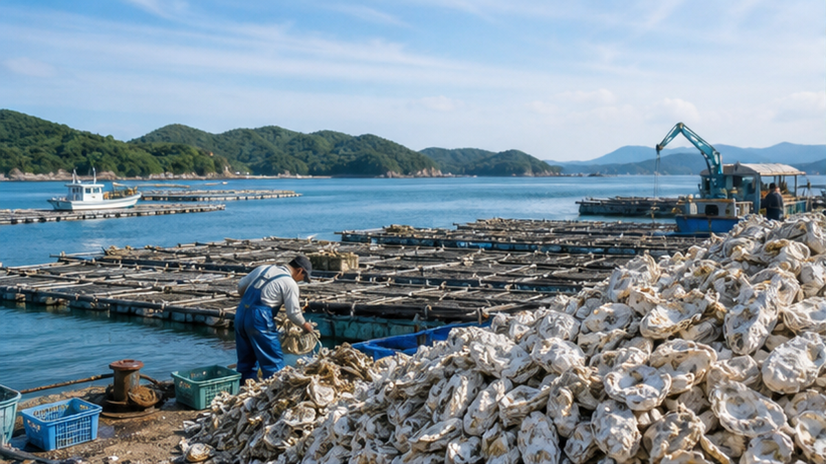 鳥羽の牡蠣養殖のいかだと、積み上げられた牡蠣殻