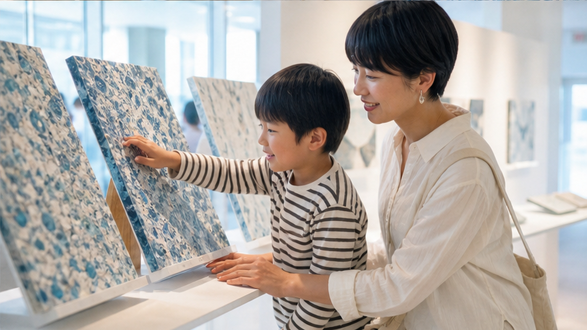 アップサイクル素材の展示に触れて学ぶ親子のイメージ