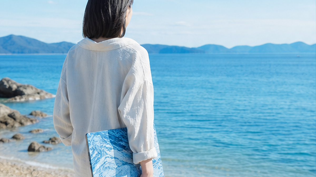 海のごみから生まれた製品を手に、明るい海を見つめる人のイメージ