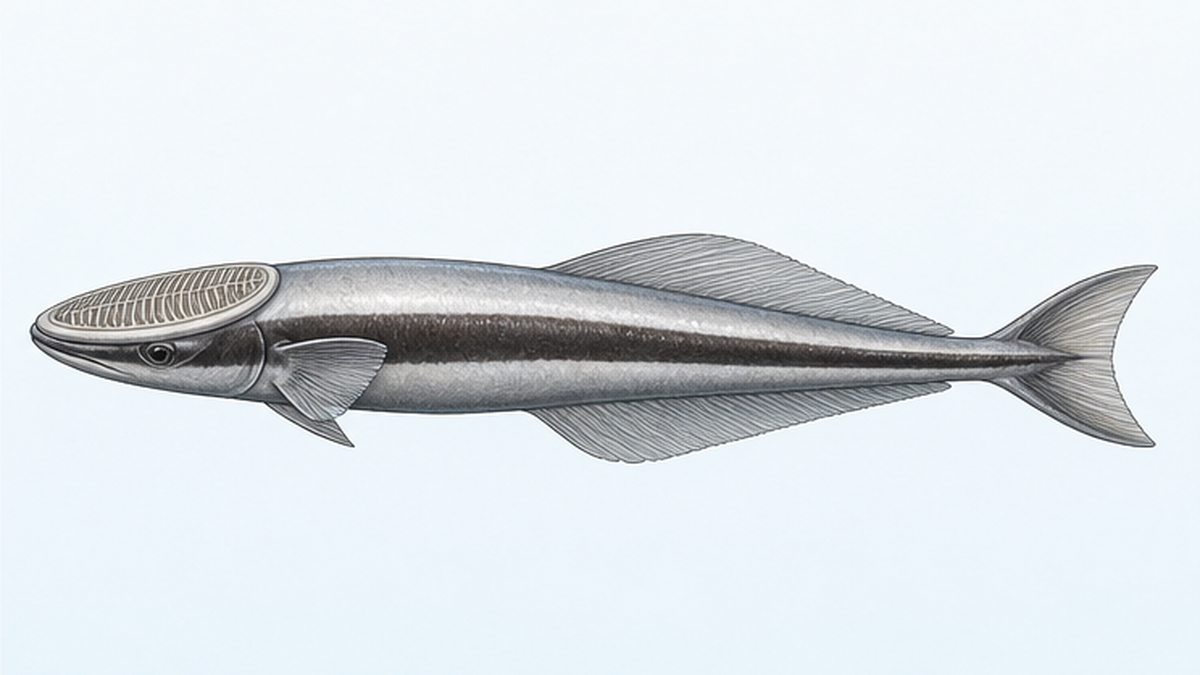 Side view of a whole remora, showing the oval disc on top of the head, the elongated body and the black stripe along the flank