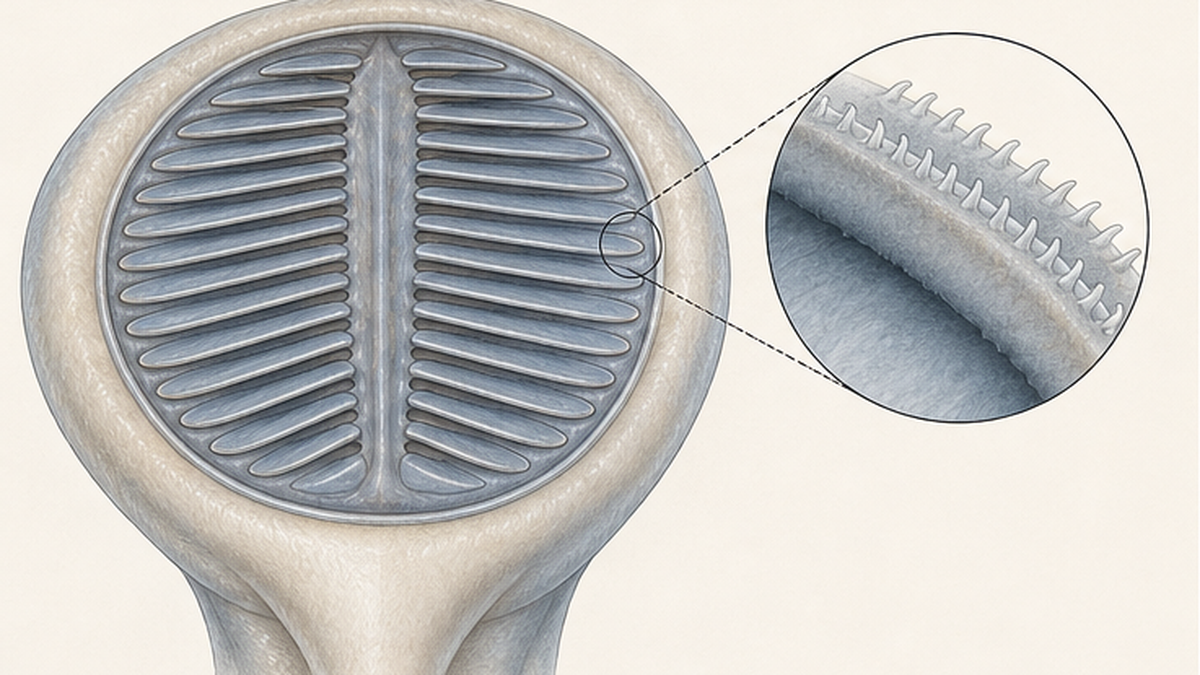 Enlarged diagram of a remora disc seen from directly above, showing the plate-like lamellae arrayed either side of the central ridge and the fine spinules along their edges