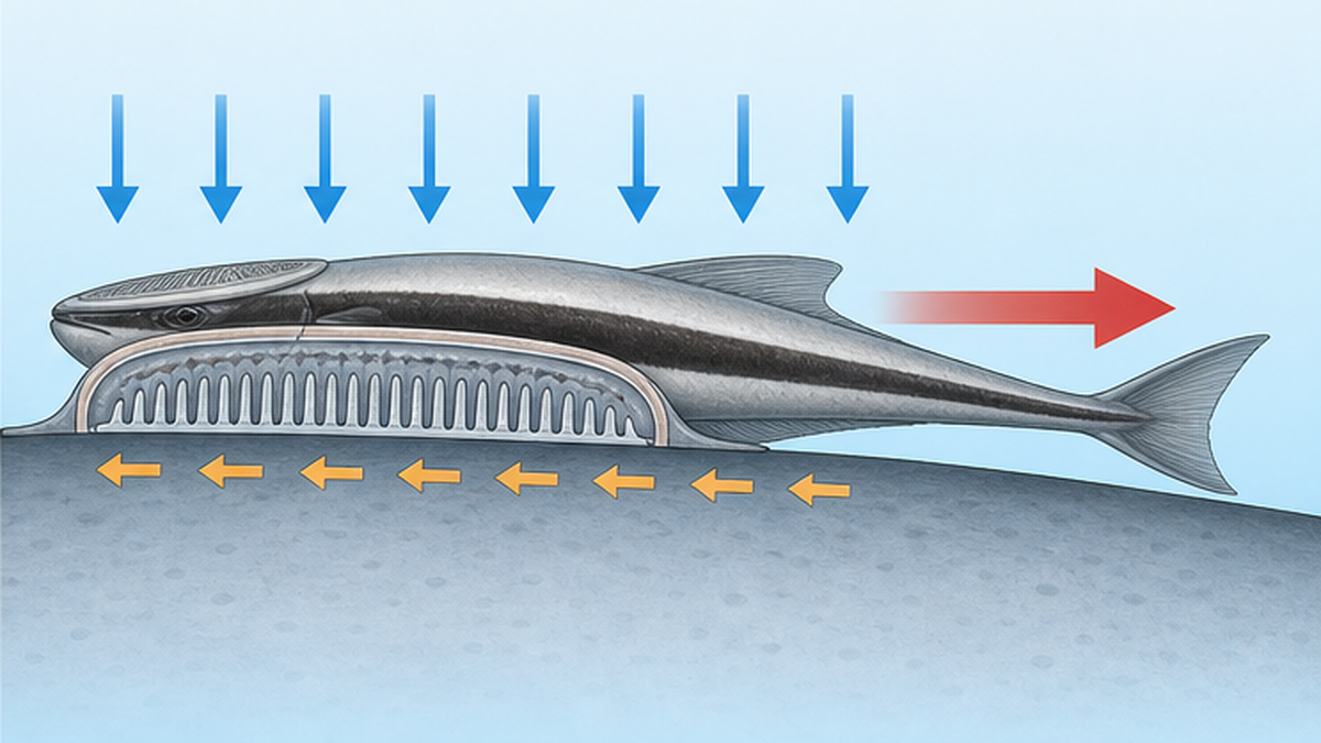 Schematic of the forces acting on a remora attached to a host's body surface, with arrows for the vertical pressure difference and the horizontal drag and friction