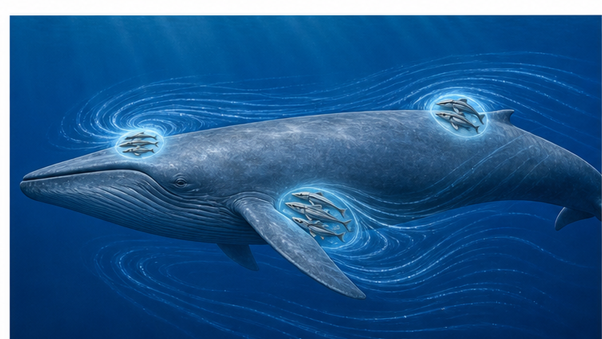 Side view of a blue whale with the three regions remoras prefer marked: behind the blowhole, around the dorsal fin and behind the pectoral fin