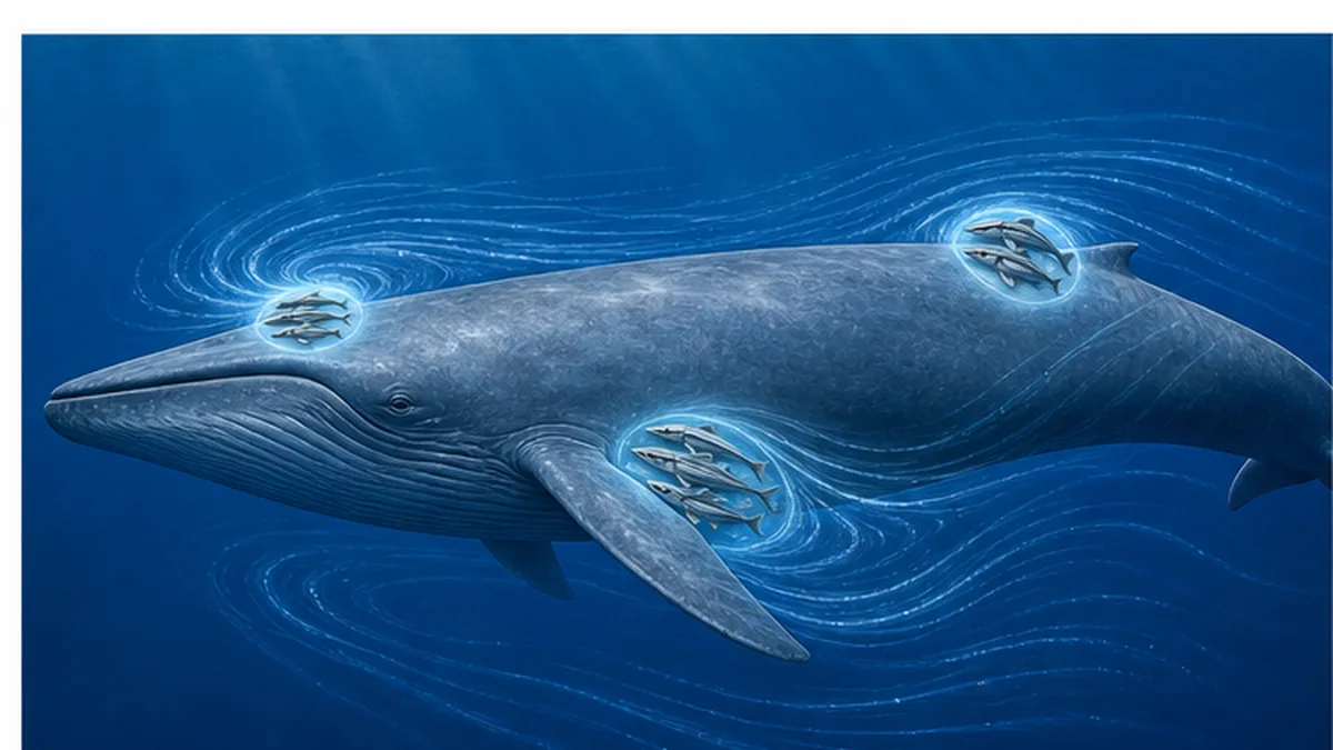 シロナガスクジラの側面図に、コバンザメが好んで付着する3つの領域(噴気孔の後方・背びれ周辺・胸びれ後方)を示した図
