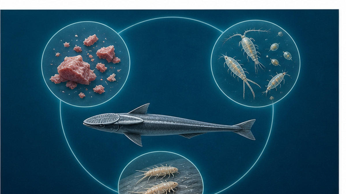 Diagram of remora food items: scraps left by the host, plankton in the water, and parasitic copepods attached to the host's skin