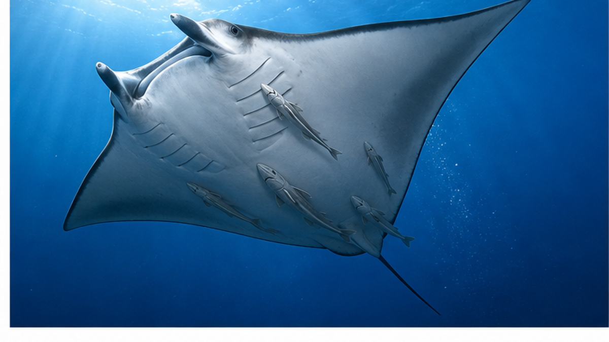 A manta ray seen from below with a remora inserting its body near a gill slit