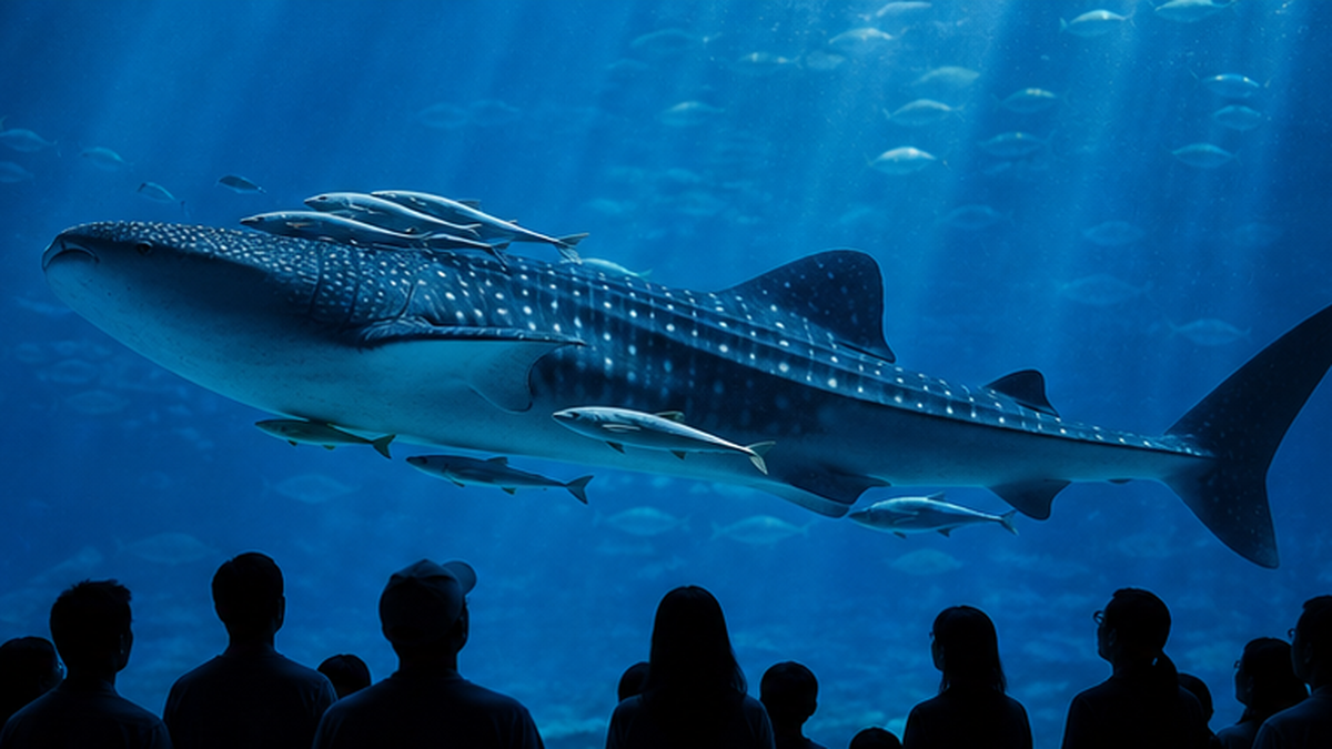 Visitors watching several remoras attached to a whale shark in a large aquarium tank