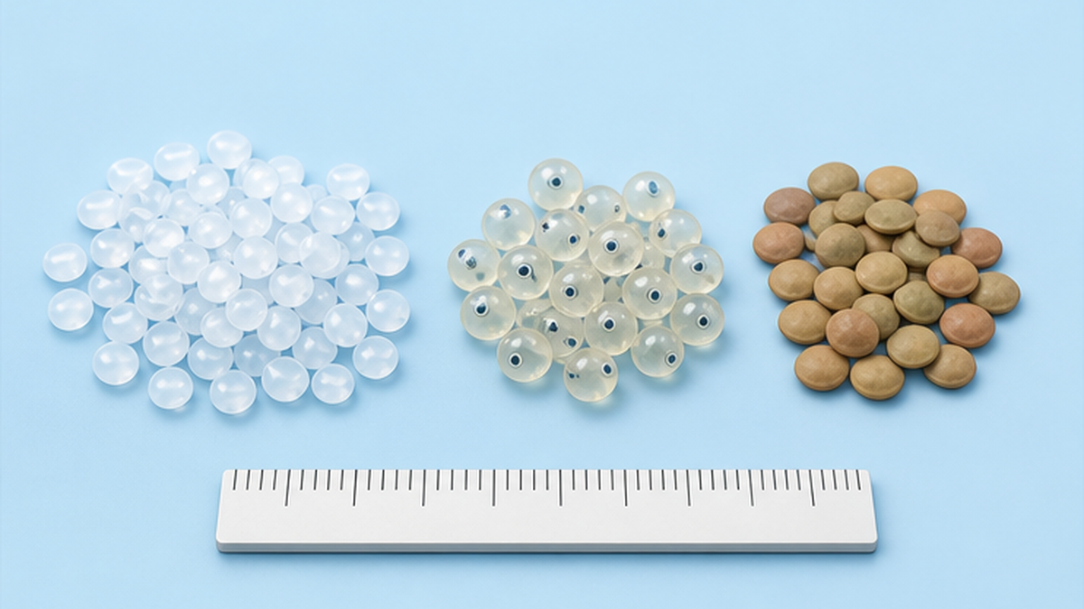 Life-size image of resin pellets with a size comparison against fish eggs and lentils