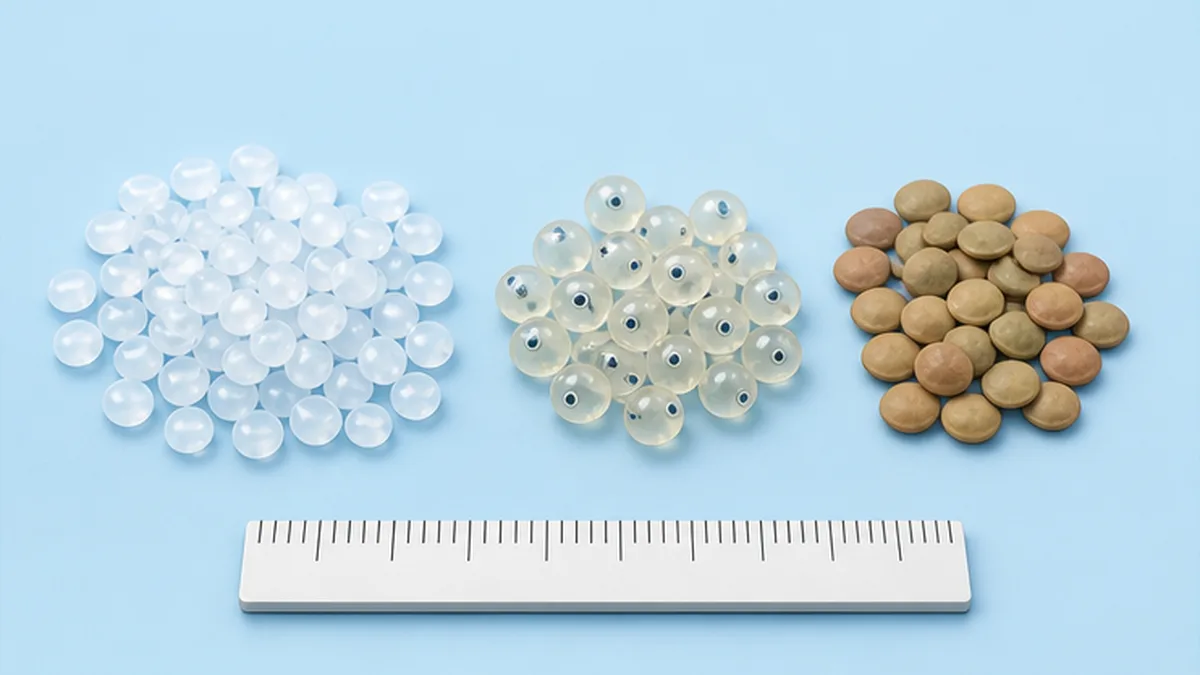Life-size image of resin pellets with a size comparison against fish eggs and lentils