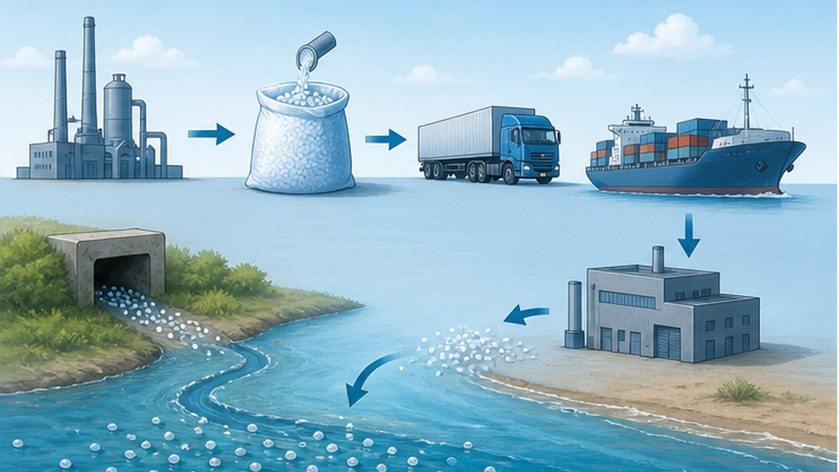 Diagram of the supply chain showing how pellets escape from factories to the sea